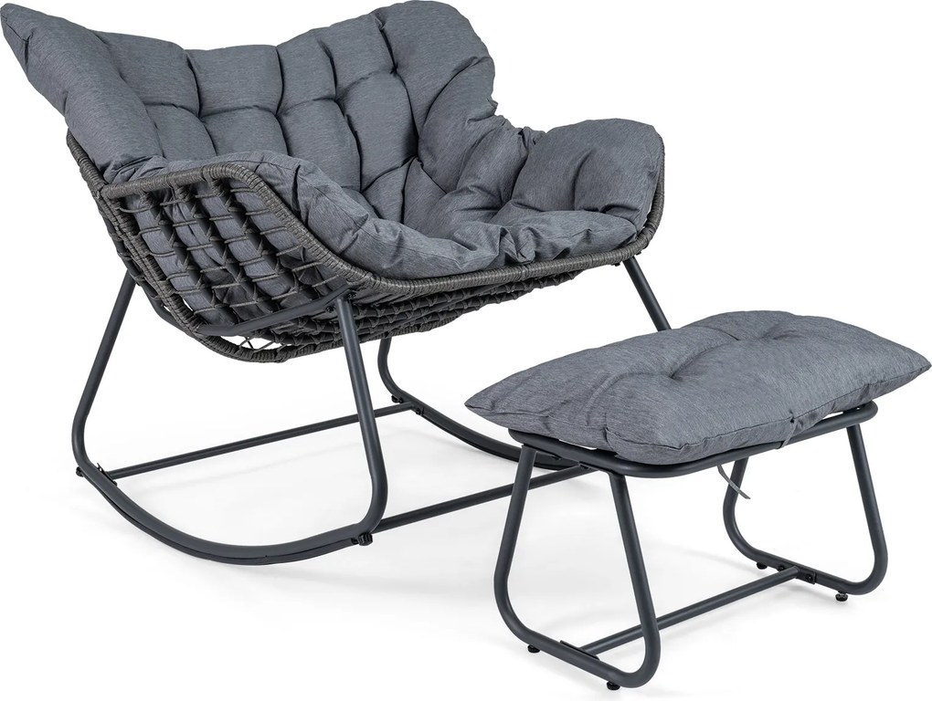 Cadeira de baloiço com apoio para os pés em rattan PE, almofadas removíveis, Estrutura metálica antiderrapante, capacidade de carga de 150 kg, para sa