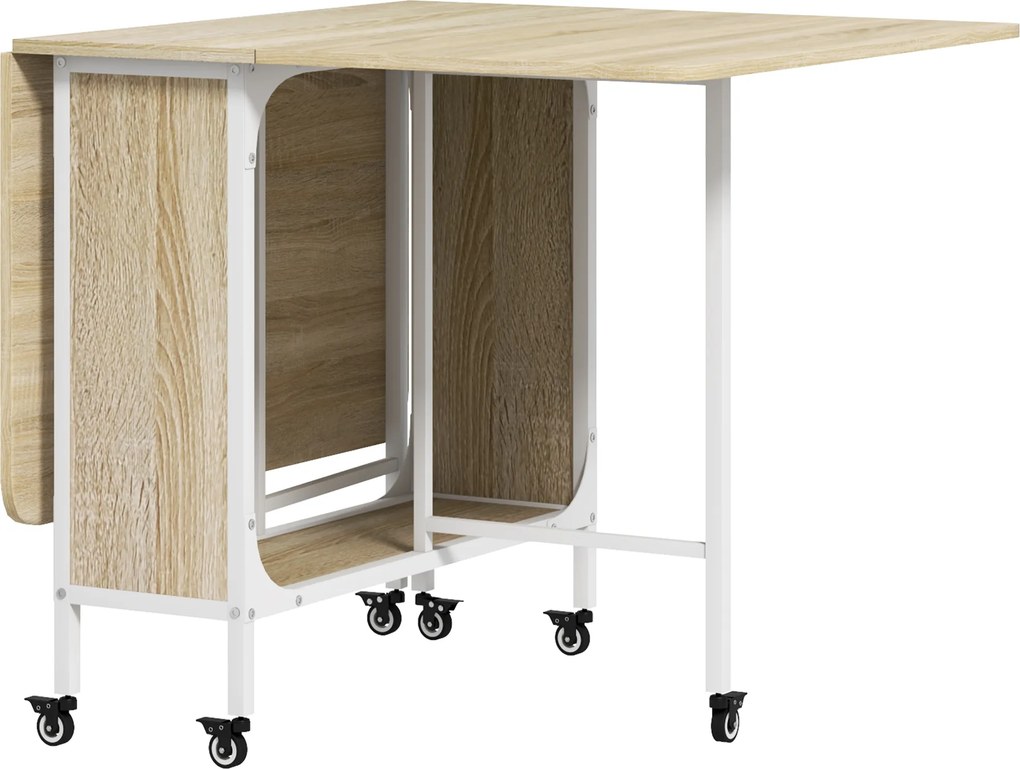 HOMCOM Mesa de Cozinha Dobrável Mesa de Refeição Dobrável com Rodas Laterais Abatíveis e Prateleira 130x80x74 cm Madeira e Branco | Aosom Portugal