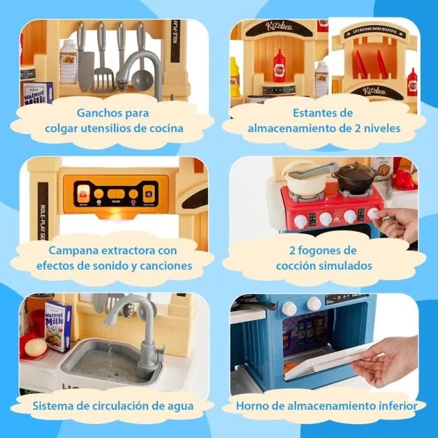 Cozinha de brincar com 69 peças para crianças a partir dos 3 anos com efeitos de vapor e água a ferver Utensílios de cozinha de lava-loiça Azul