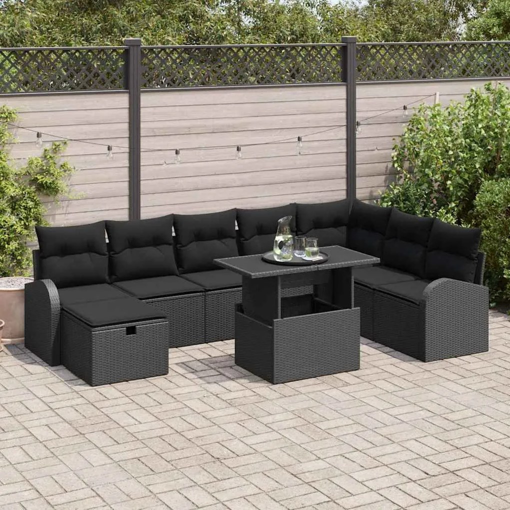 vidaXL Conjunto de Sofá de Jardim 9 pcs Preto Rattan Sintético