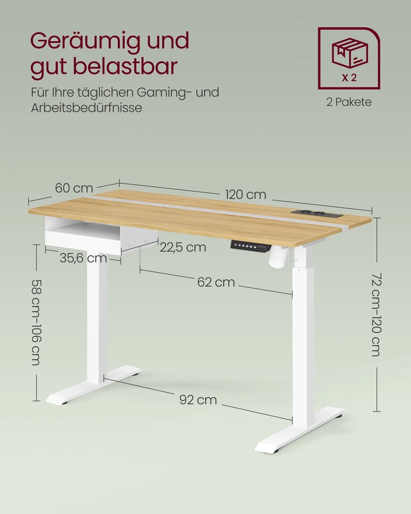 Secretária elétrica com altura ajustavel com 2 tomadas e 2 portas USB; e gaveta 60 x 120 x (72-120) cm carvalho dourado, branco