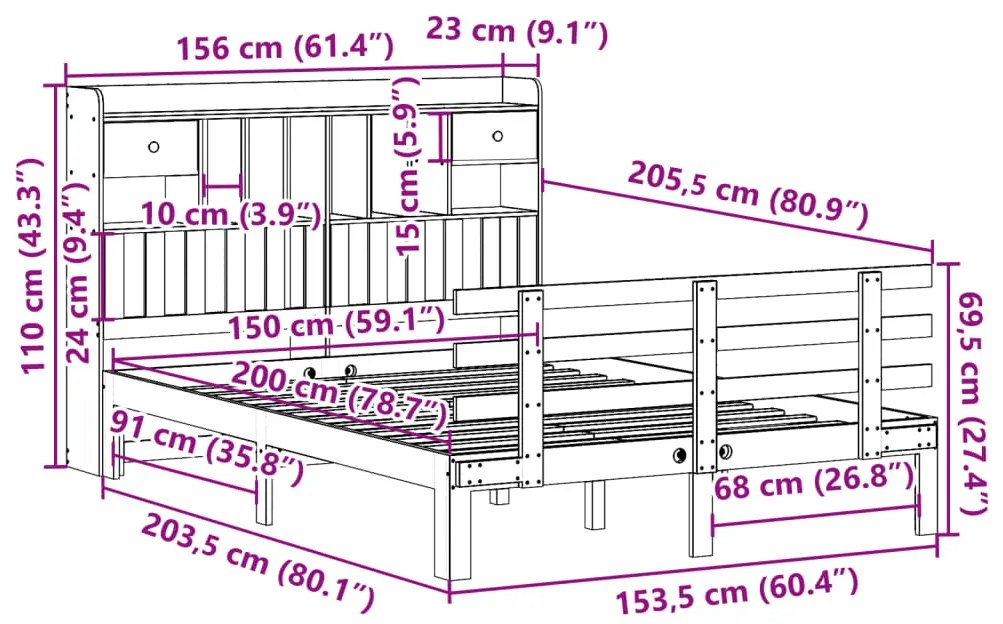 Cama com estante sem colchão 150x200 cm pinho maciço