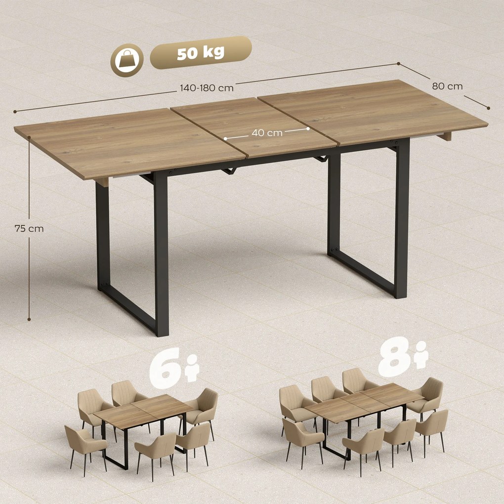 Mesa de jantar retangular extensível com extensão de 140 a 180 cm para 6 a 8 pessoas (CADEIRAS NÃO INCLUIDAS), com efeito de madeira natural, preto