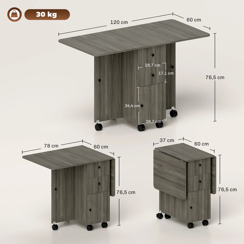 Mesa de cozinha dobrável, com 2 tampos rebatíveis, 2 gavetas e 1 armário cinzenta