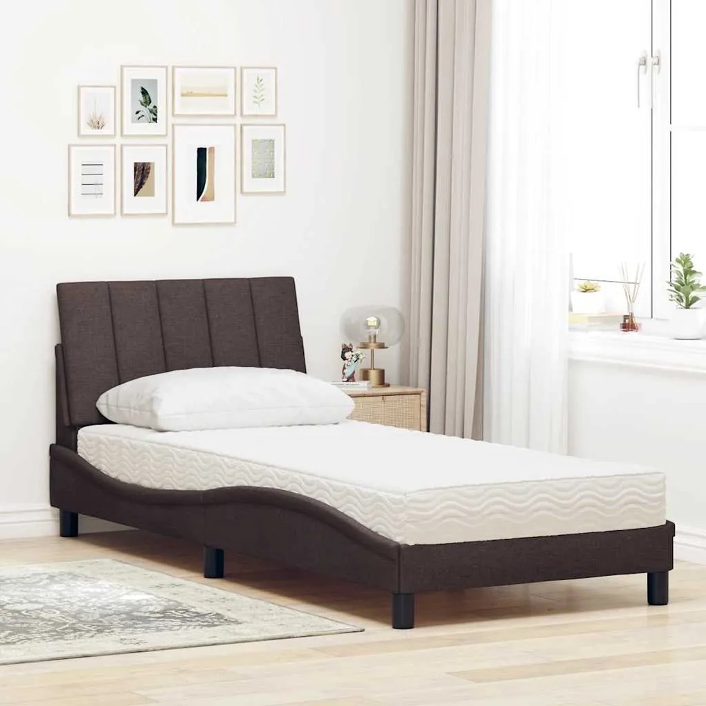 Cama com colchão 90x200 cm tecido castanho-escuro