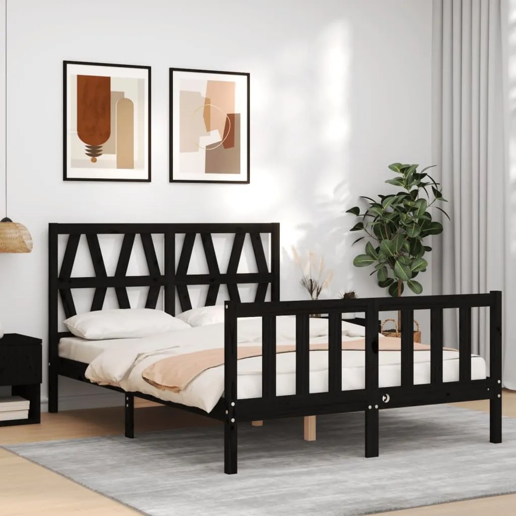 Estrutura de cama de casal c/ cabeceira madeira maciça preto