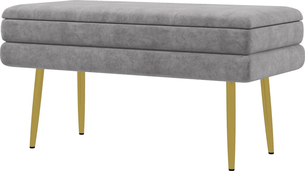 Banco com baú de arrumação 2 em 1, assento com acabamento em veludo e pés em aço - 79,5 x 37,5 x 43 cm, cinzento e dourado