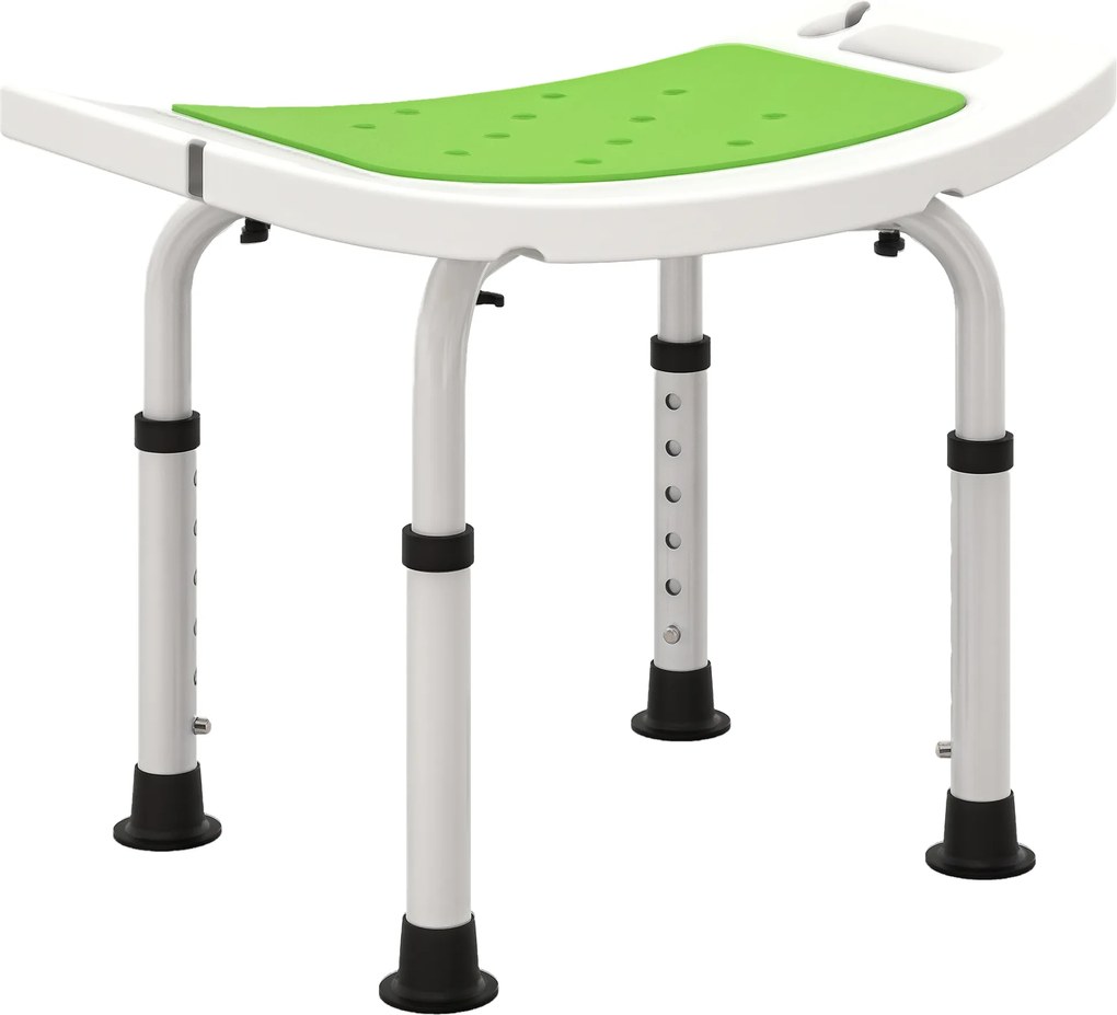 Assento de duche ajustável em altura; pés antiderrapantes; carga máxima de 135 kg; alumínio e HDPE; verde