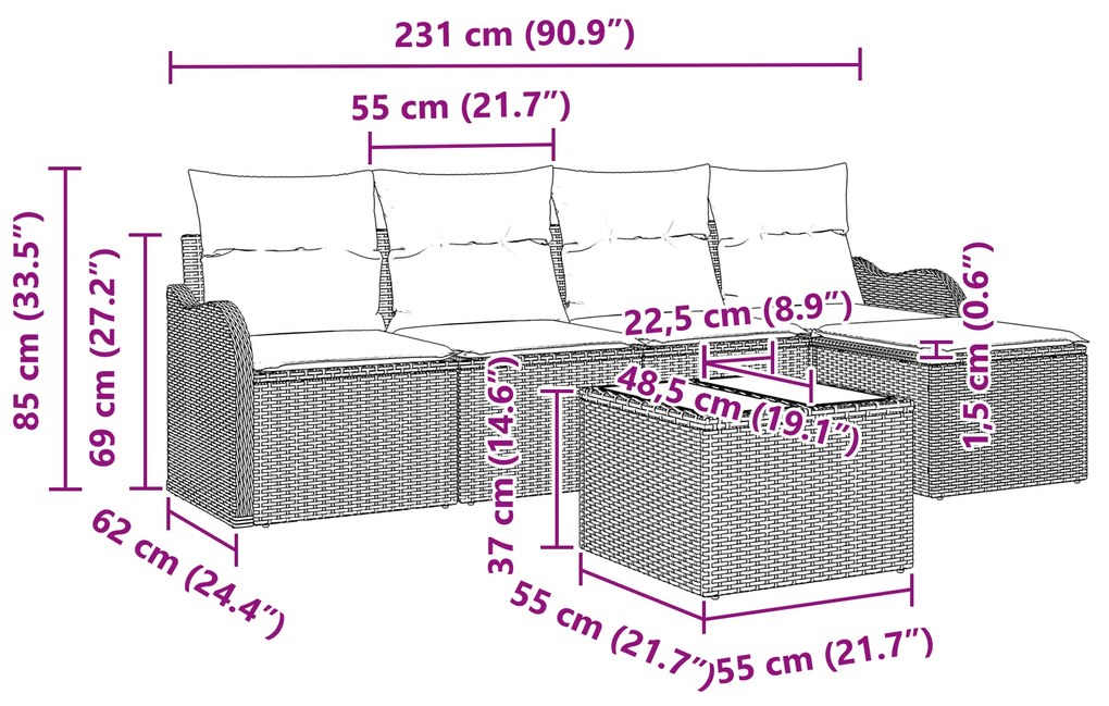 Conjunto de Sofá de Jardim de 5 Peças com Almofadas Cinza Rattan Polié