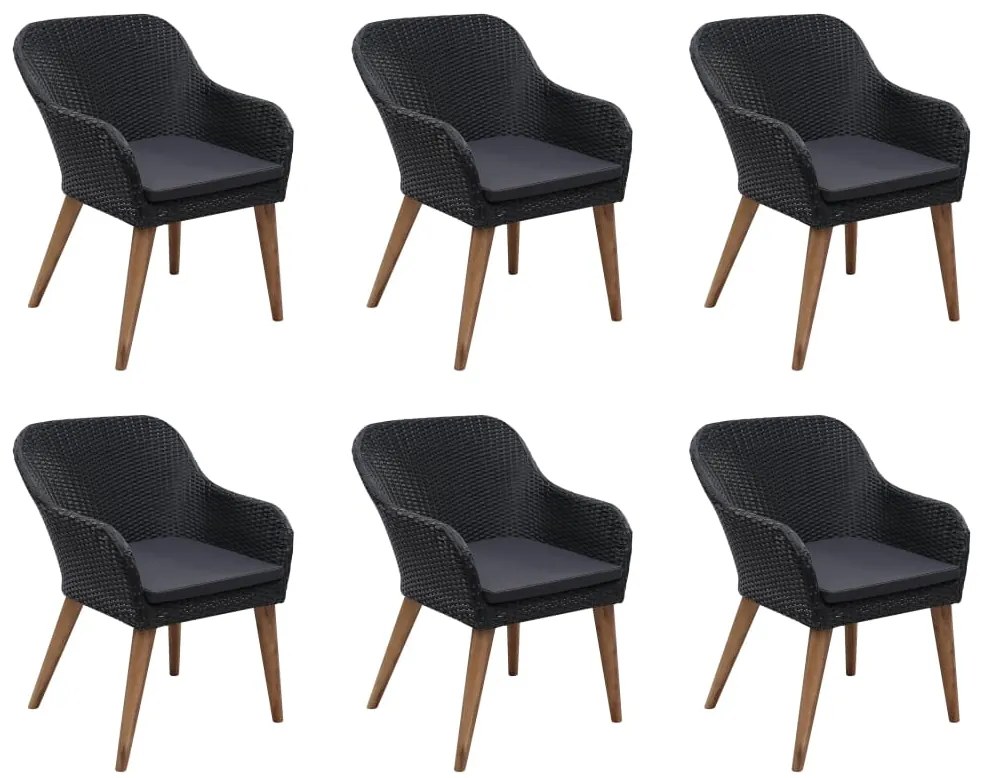 7 pcs conjunto jantar exterior com almofadões vime PE preto