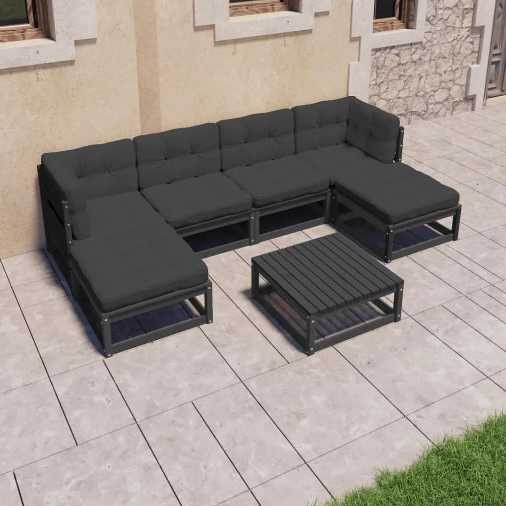 7pcs conjunto lounge de jardim c/ almofadões pinho maciço preto