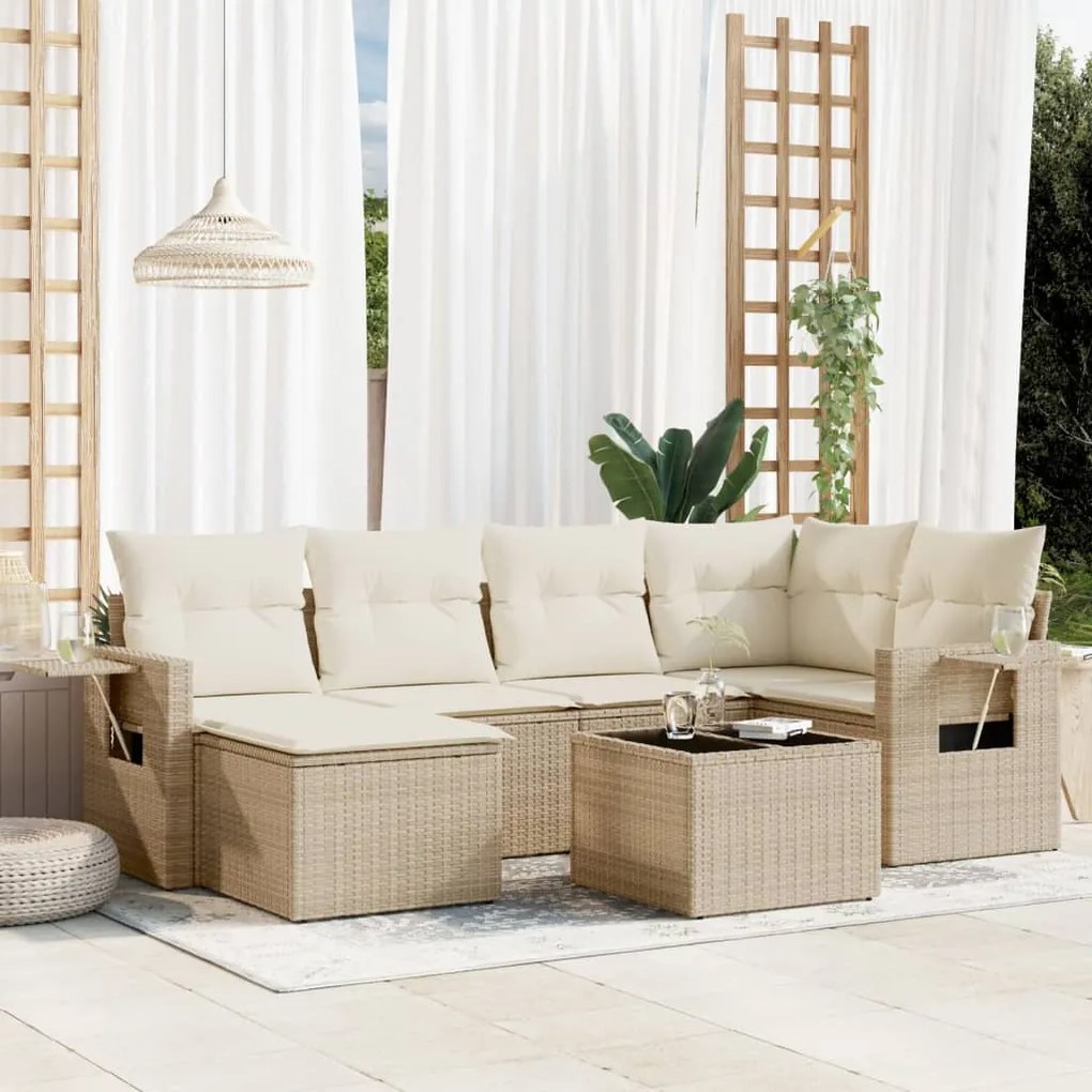 7 pcs conjunto de sofás p/ jardim com almofadões vime PE bege
