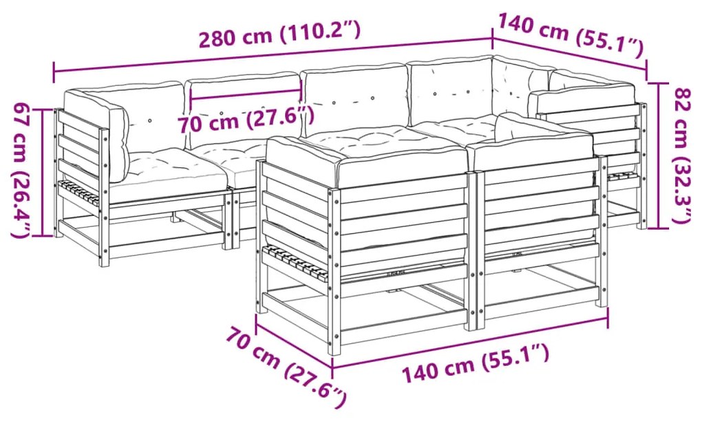 7 pcs conjunto sofás de jardim c/ almofadões pinho impregnado