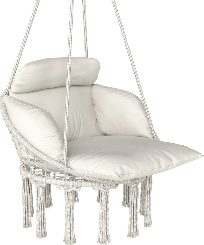 Outsunny Cadeira suspensa com grande almofada acolchoada rede poltrona suspensa com franjas kit de suspensão 80 x 60 x 40 cm creme | Aosom Portugal