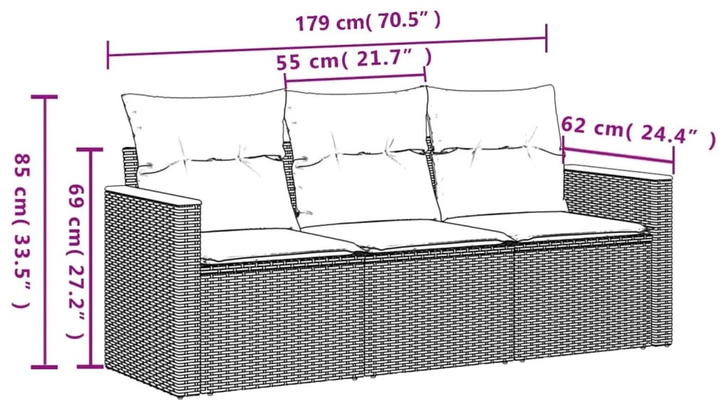 3 pcs conjunto sofás de jardim com almofadões vime PE preto