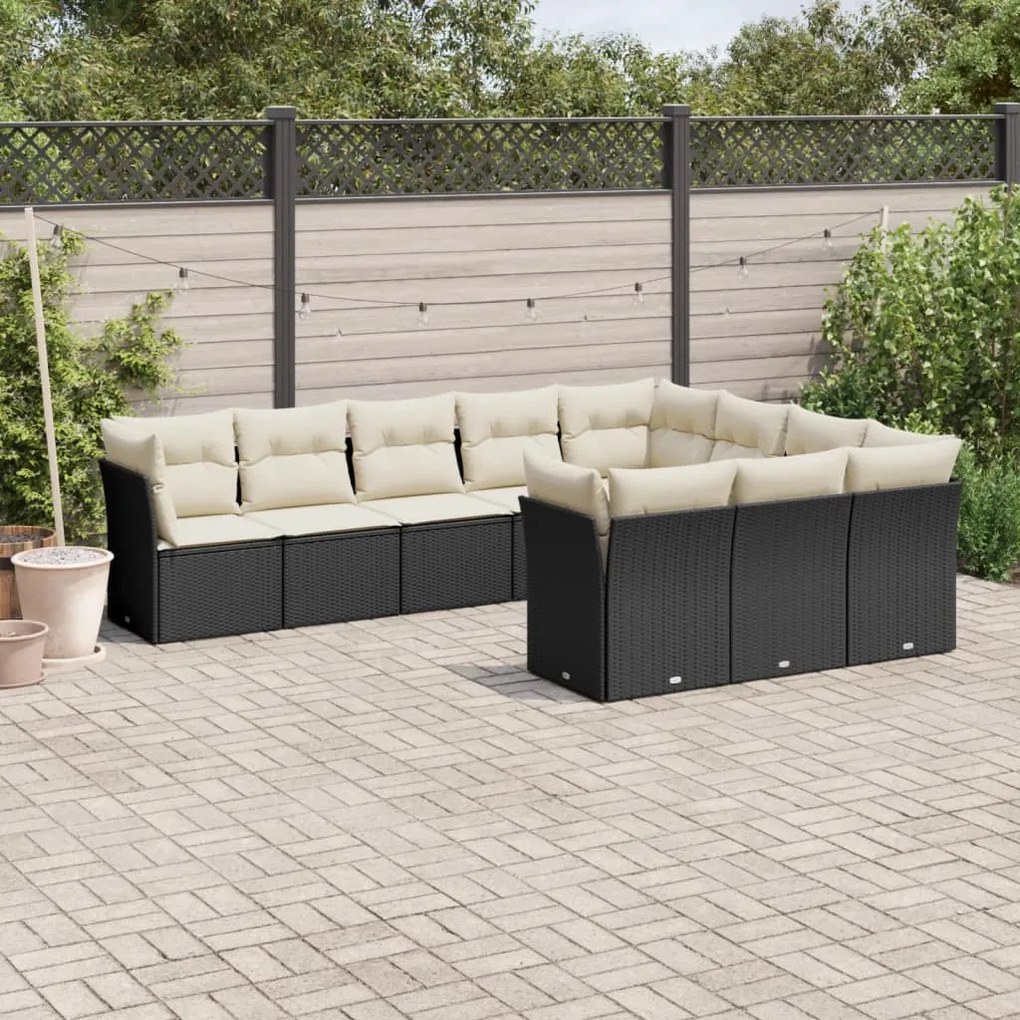10 pcs conjunto sofás de jardim c/ almofadões vime PE preto