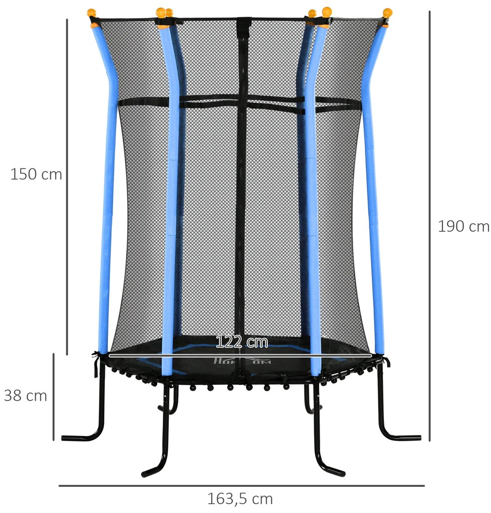 Trampolim para Crianças Cama Elástica Infantil com Rede de Segurança para Interiores e Exteriores Carga 50 kg Ø160x190 cm Azul