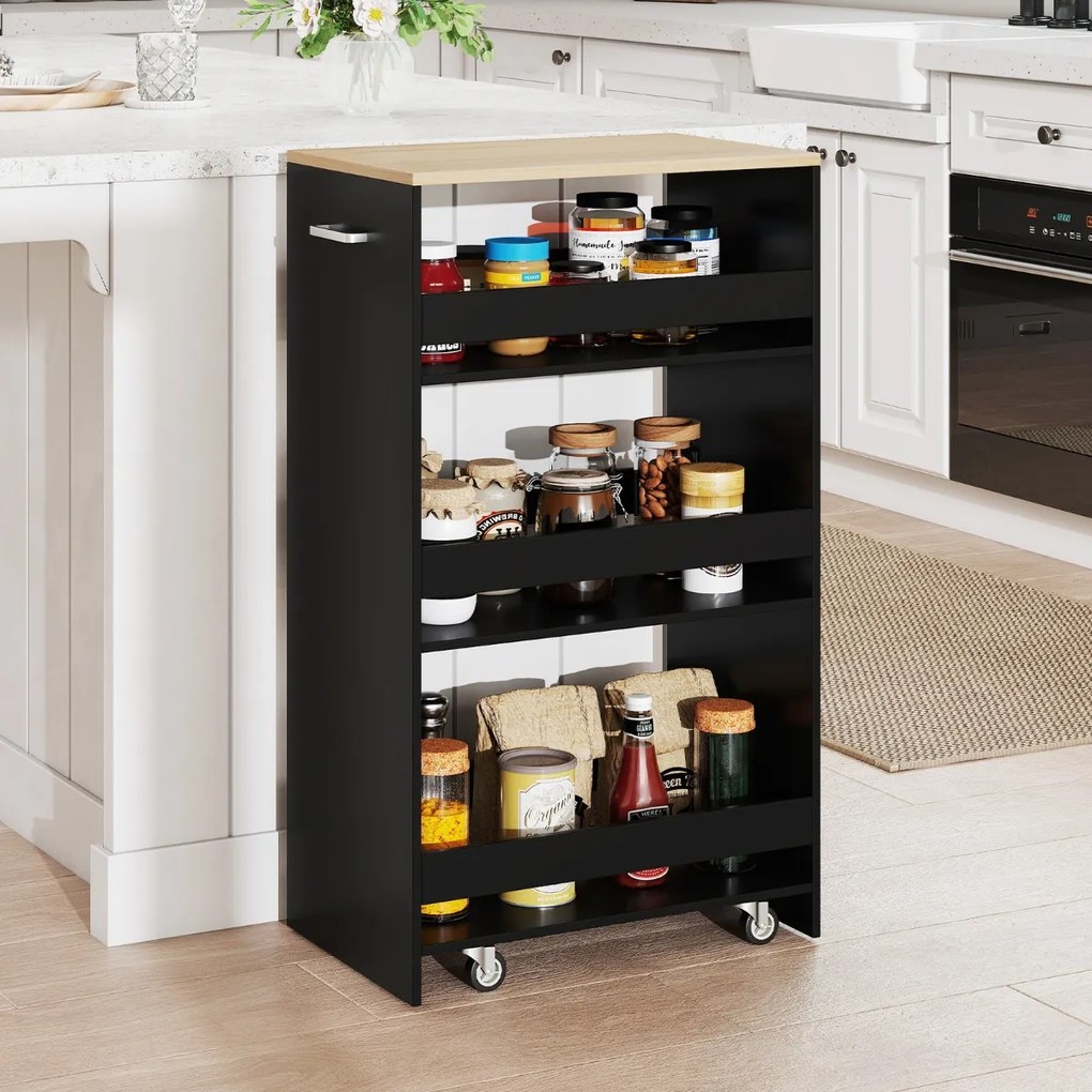 Carrinho Cozinha 47,5 x 30 x 80,5 cm de armazenamento estreito de 4 níveis com rodas e grades preto e natural