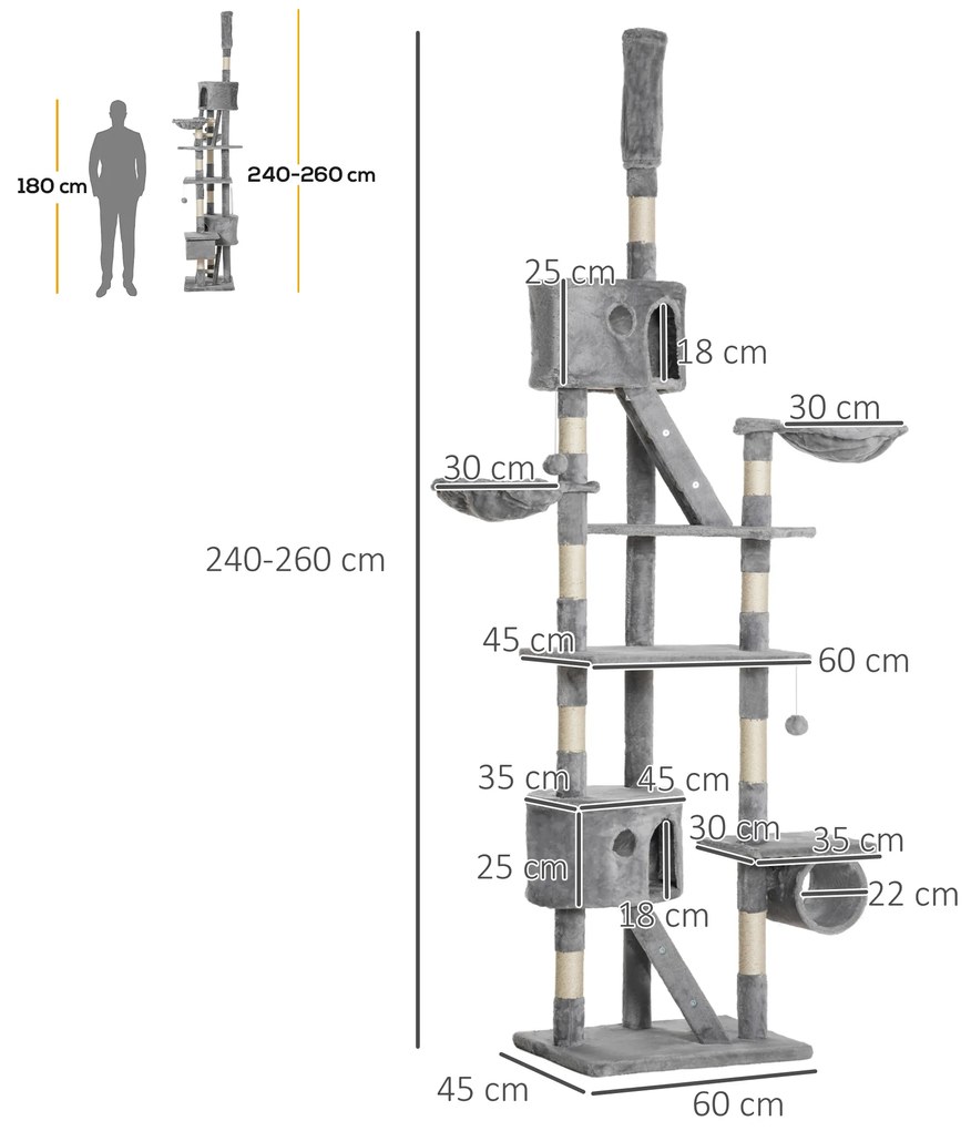 Arranhador para Gatos do Chão ao Teto de 240-260 cm com Altura Ajustável Múltiplas Plataformas Caverna e Rampas Cinza