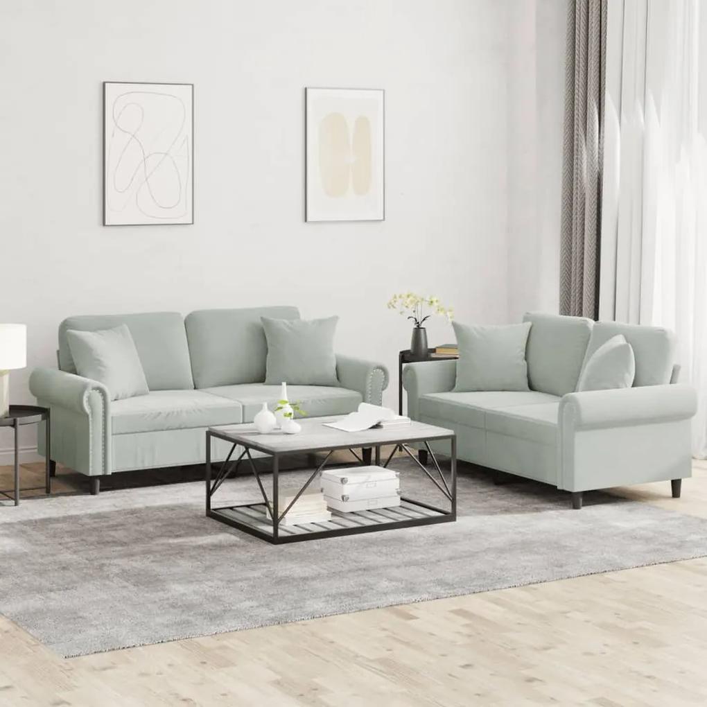 3202230 vidaXL 2 pcs conjunto de sofás com almofadas veludo cinzento-claro