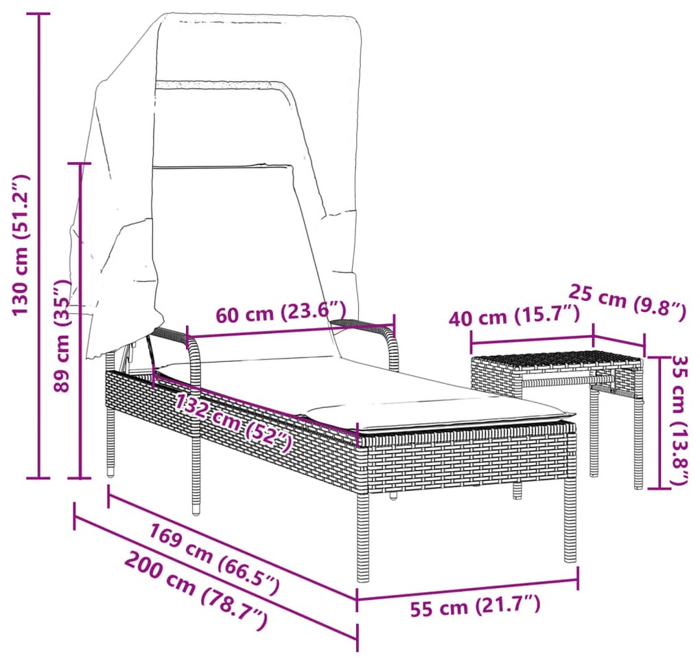 Espreguiçadeira com toldo e mesa vime PE castanho