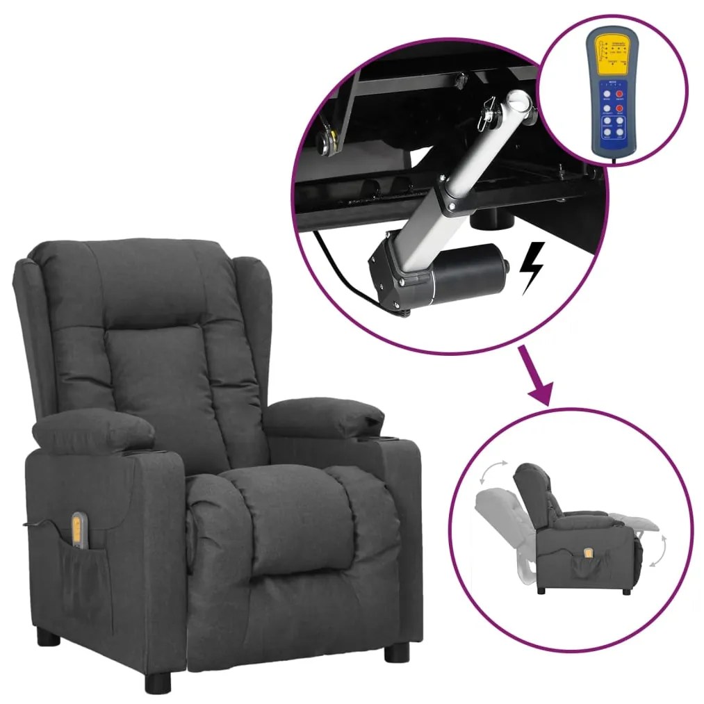 vidaXL Poltrona de massagens elevatória tecido cinzento-escuro