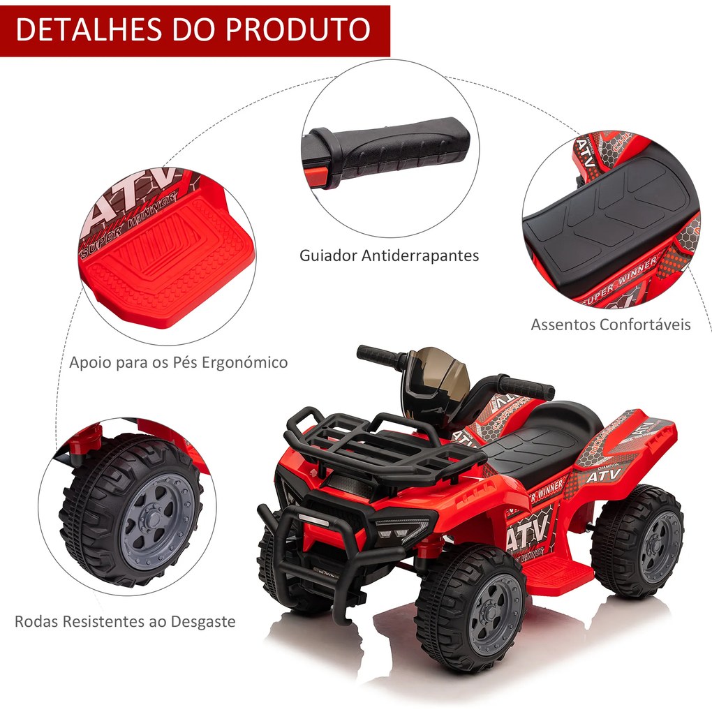 Moto 4 Elétrico para Crianças Veículo Elétrico a Bateria 6V Infantil com Velocidade 2km/h 70x42x45 cm Vermelho
