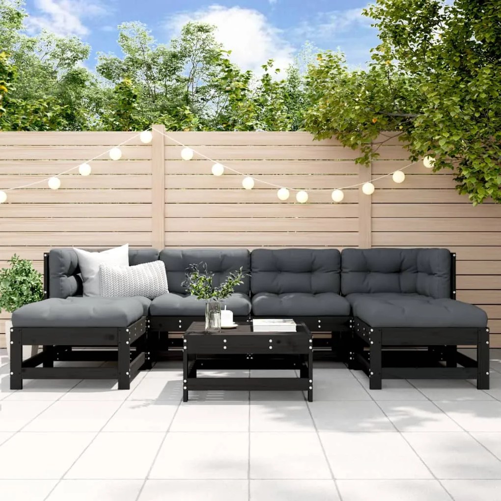 vidaXL 7 pcs conjunto lounge jardim c/ almofadões madeira maciça preto