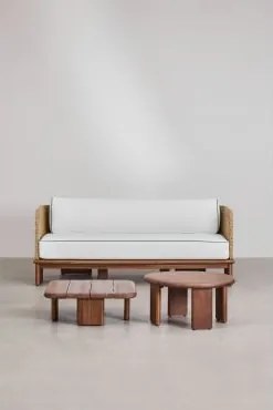 Conjunto De Sala Com Sofá De 3 Lugares E 2 Mesas De Centro Em Rattan E Madeira De Acácia Famara Castanho-acácia Escuro - Sklum