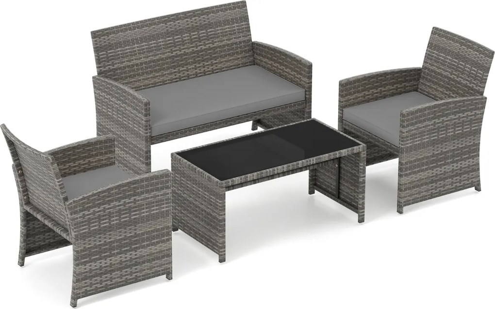 Conjunto de Jardim, 4 peças em rattan com almofadas e tampo em vidro temperado, para jardim, alpendre ou varanda, cinzento