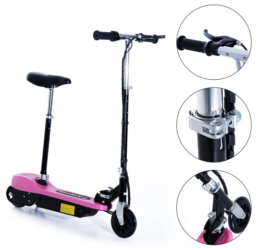 Trotinete Elétrica Infantil Dobrável com Guiador e Assento Ajustável - Cor-de-Rosa- 76 x 13 x 96 cm