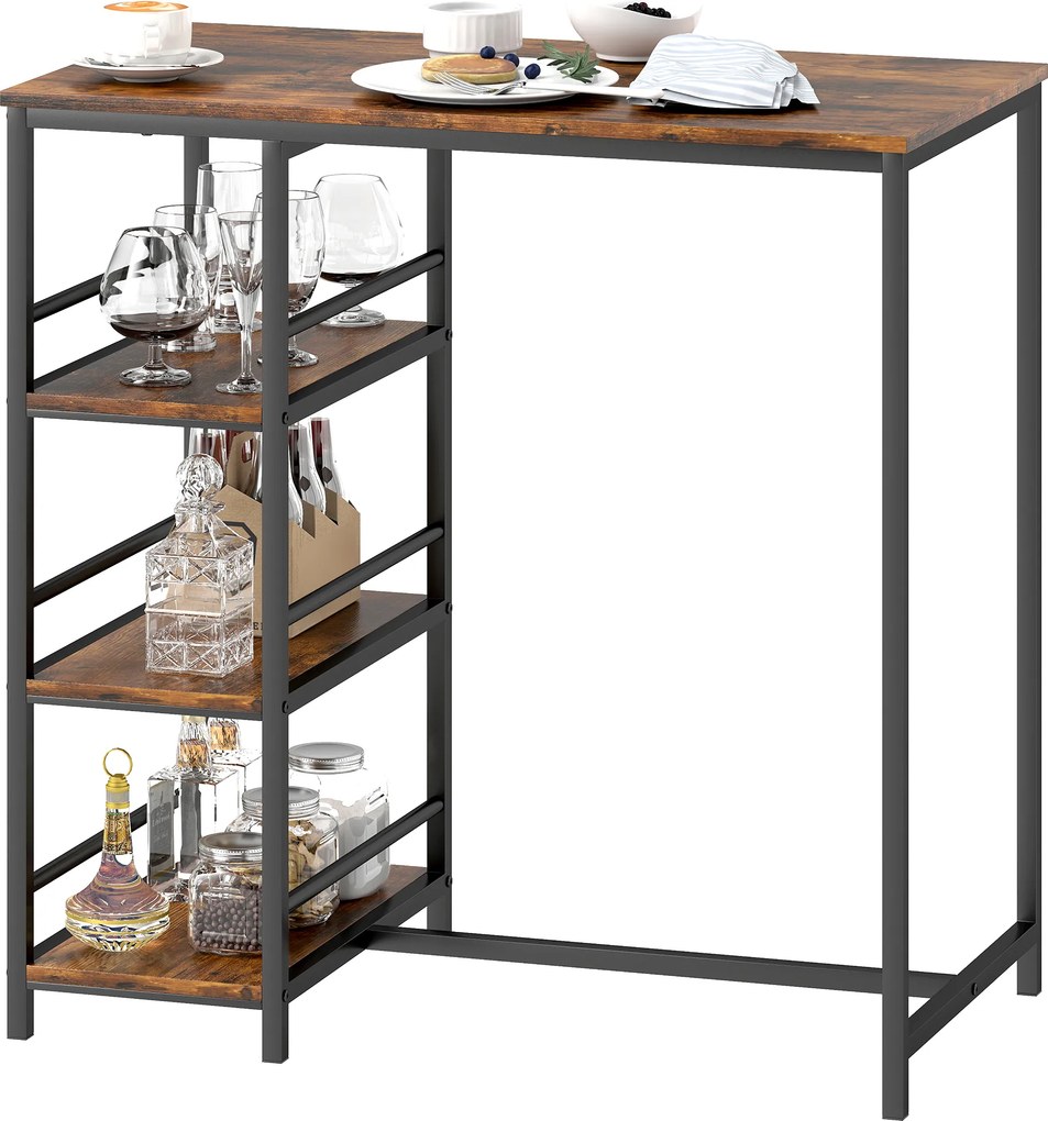 Mesa de bar alta com 3 prateleiras de arrumação e estrutura em aço (BANCOS NÃO INCLUIDOS), 90 x 50 x 90,5 cm, castanho rústico, preto