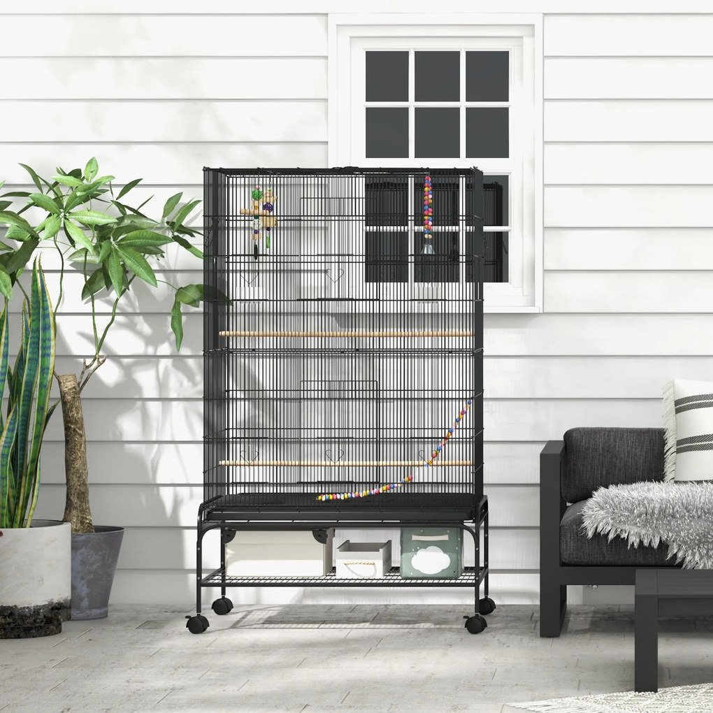 Gaiola para Pássaros com Rodas Comedouros Poleiros Prateleira Inferior Bandeja Removível 97x58x160 cm Preto