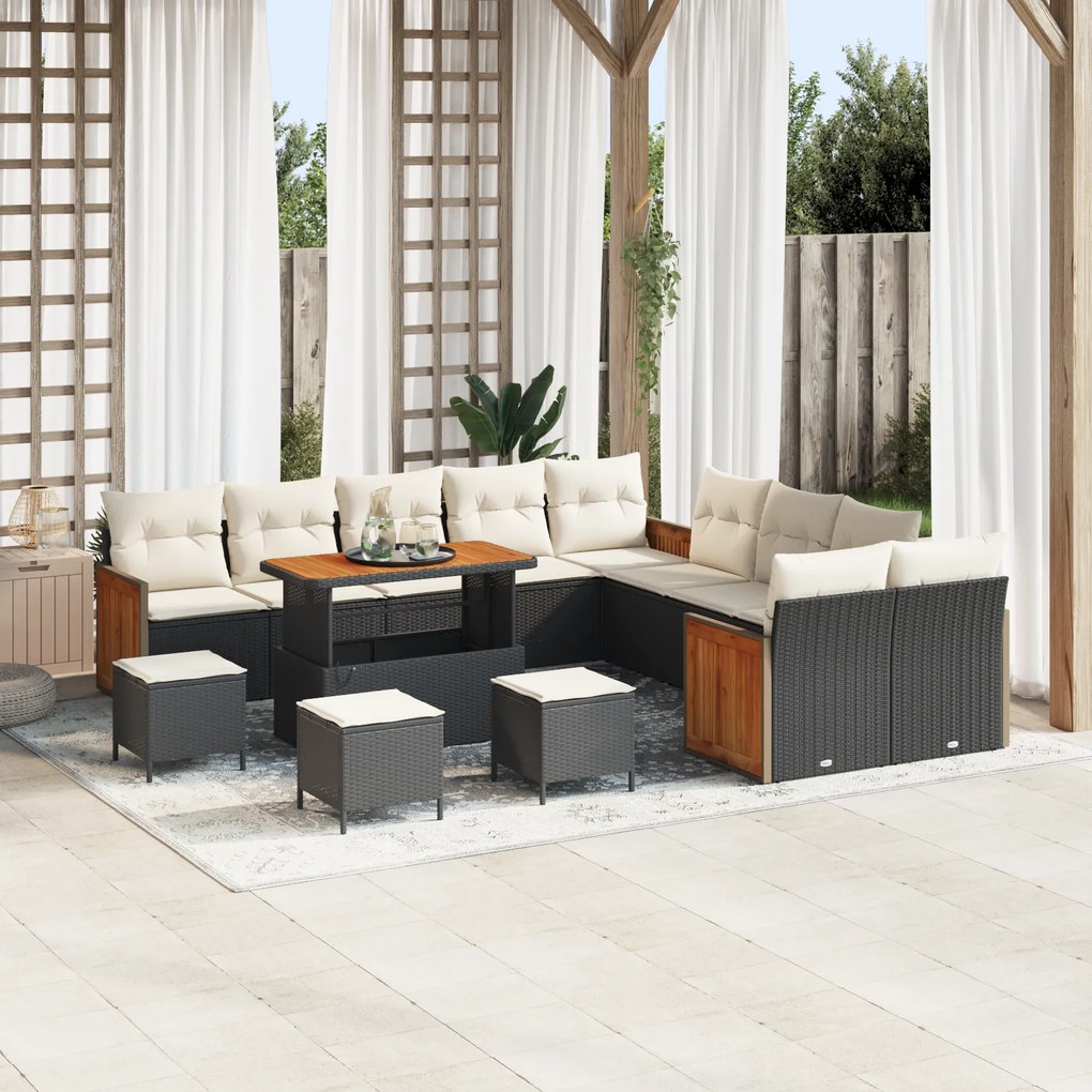 Conjunto de Sofá de Jardim vidaXL de 14 peças com Almofadas Preto Rattan Poly Acácia