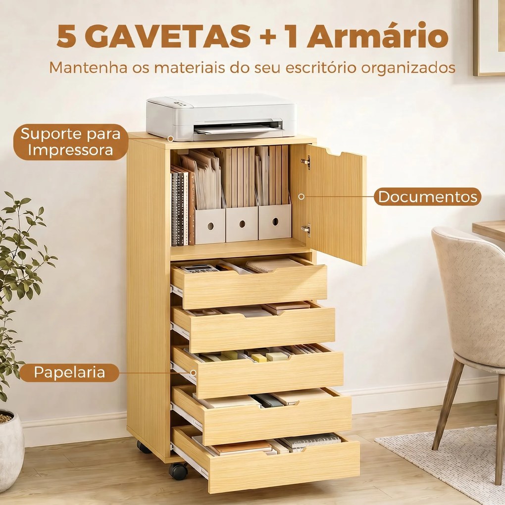 Bloco gavetas de Escritório com 5 Gavetas Armário com Fecho Suave Rodas e Suporte para Impressora Madeira Natural