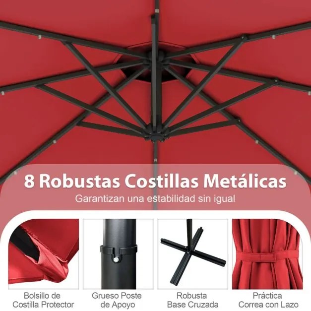 Guarda-sol exterior de 3 m com rotação de 360° e 32 com luzes LED Ajuste fácil da inclinação Manivela vermelha
