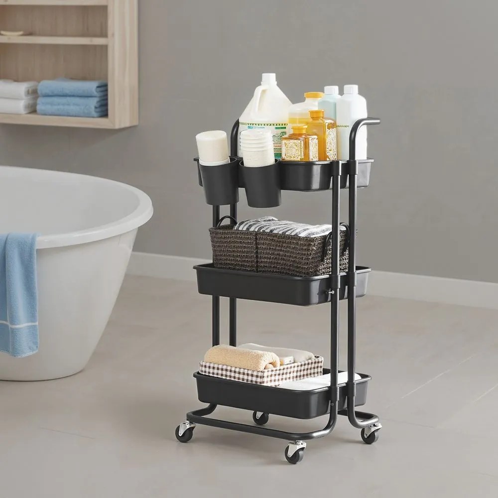 Carrinho com 3 níveis, carrinho de serviço, carrinho de cozinha com pega 41,6 x 33,5 x 86,3 cm preto