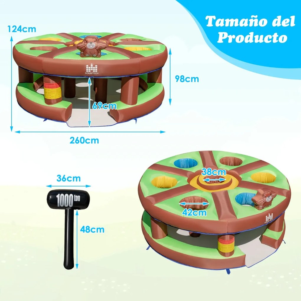 Jogo Infantil Insuflável Bater na Toupeira com Ventilador 480W para Pátio Parque 260 x 260 x 124 cm Verde e Castanho