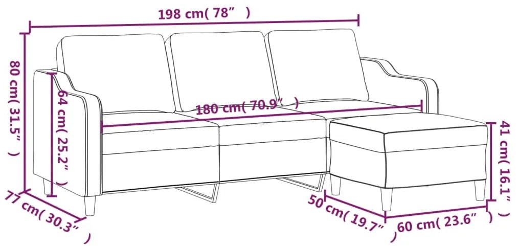 Sofá de 3 lugares com apoio de pés 180 cm tecido cinza-escuro