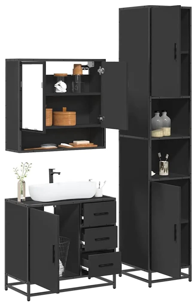 vidaXL 3 pcs conjunto móveis casa de banho derivados de madeira preto