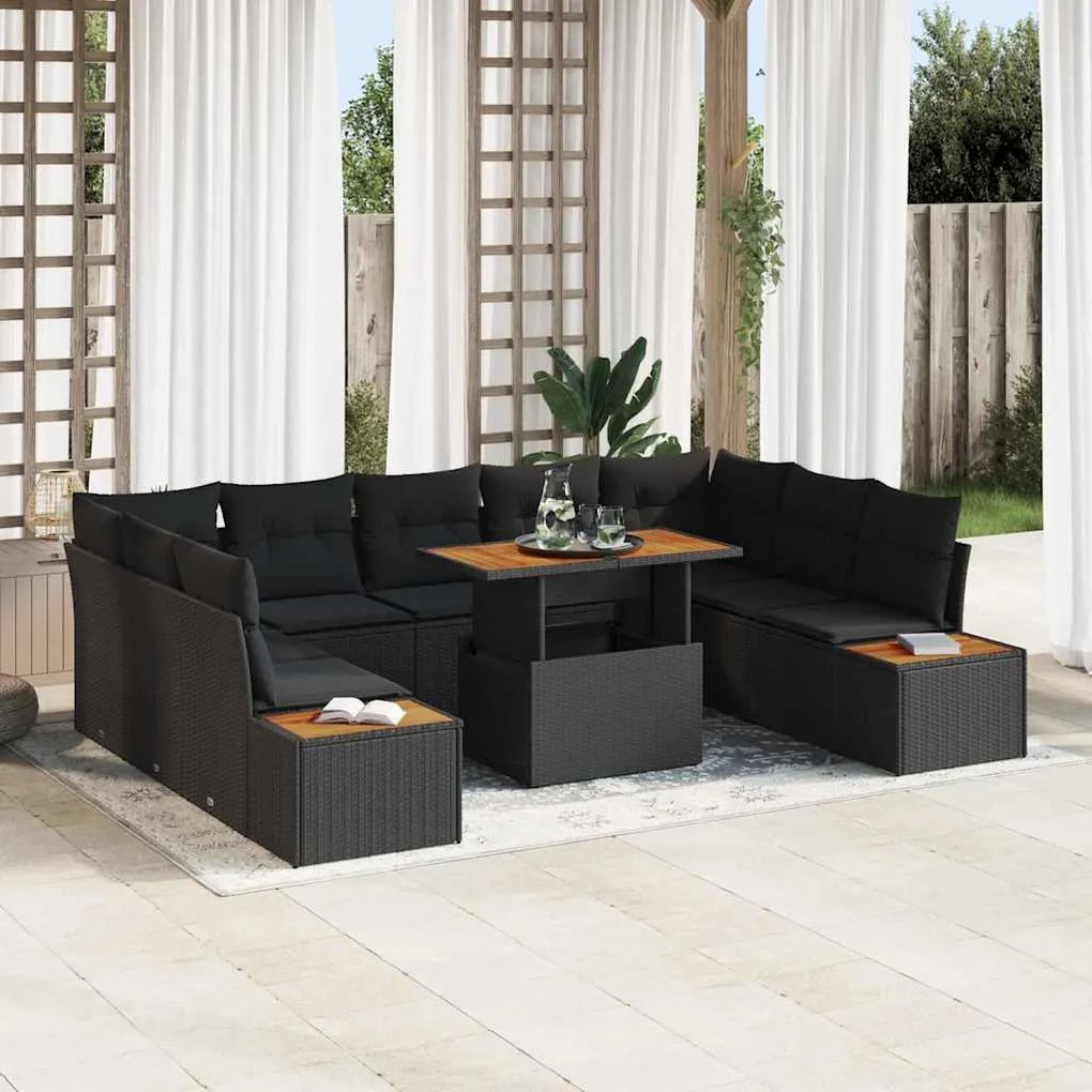 vidaXL Conjunto de Jantar de Jardim com 10 Peças e Almofadas em Rattan Poly Preto e Acácia