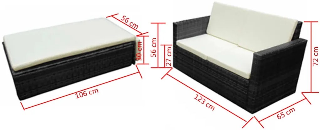 2 pcs conjunto lounge de jardim c/ almofadões vime PE preto