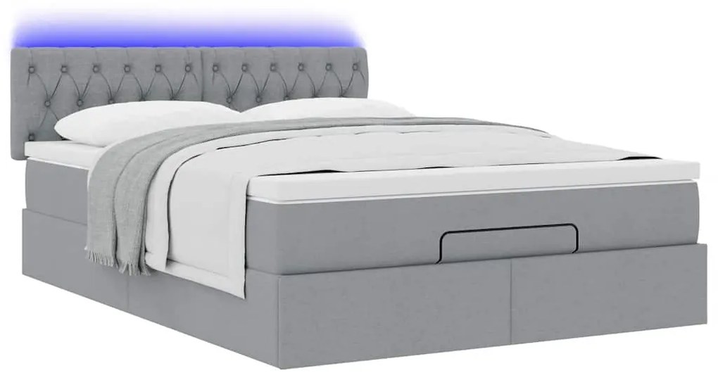 Cama Otomana com Colchão &amp; LEDs Cinzento Claro 140x190cm Tecido