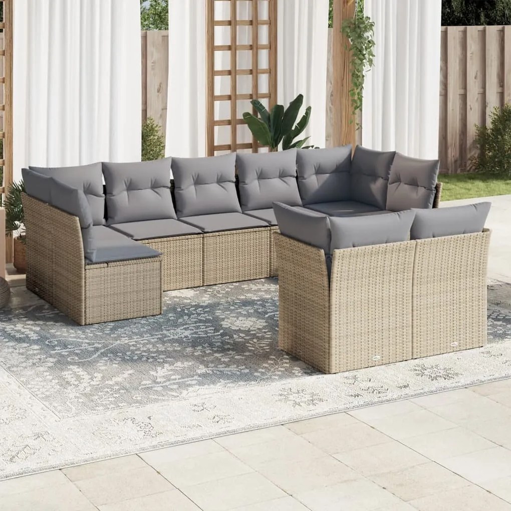 9 pcs conjunto de sofás p/ jardim com almofadões vime PE bege