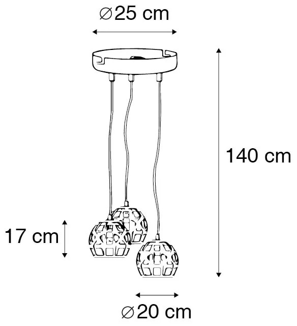 Candeeiro de suspensão industrial dourado antigo redondo 3 luzes - Bobby Industrial