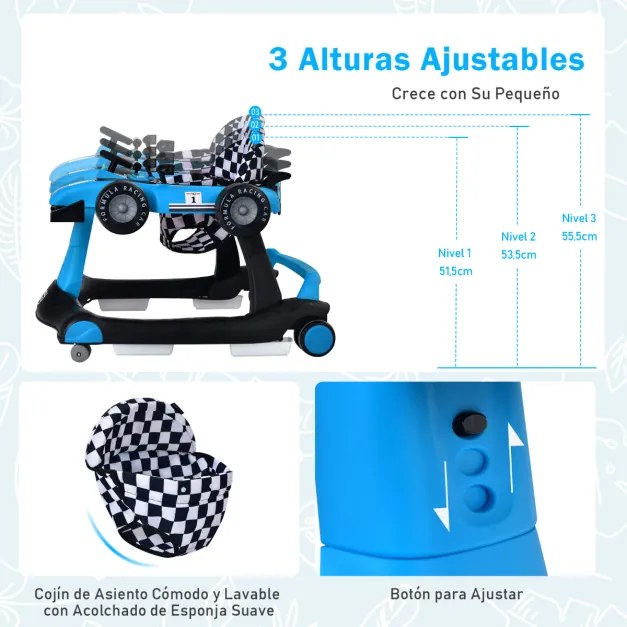 Andador 4 em 1 para crianças, dobrável, atividade de empurrar, com altura ajustável e carrilhão de velocidade com luzes, volante Azul