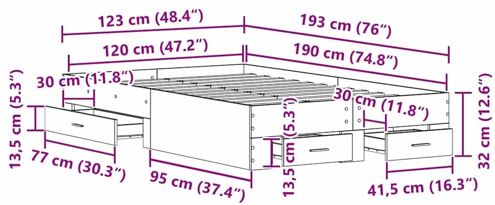 Cama com Gavetas vidaXL Madeira Velha 120x190 cm Madeira de Engenharia