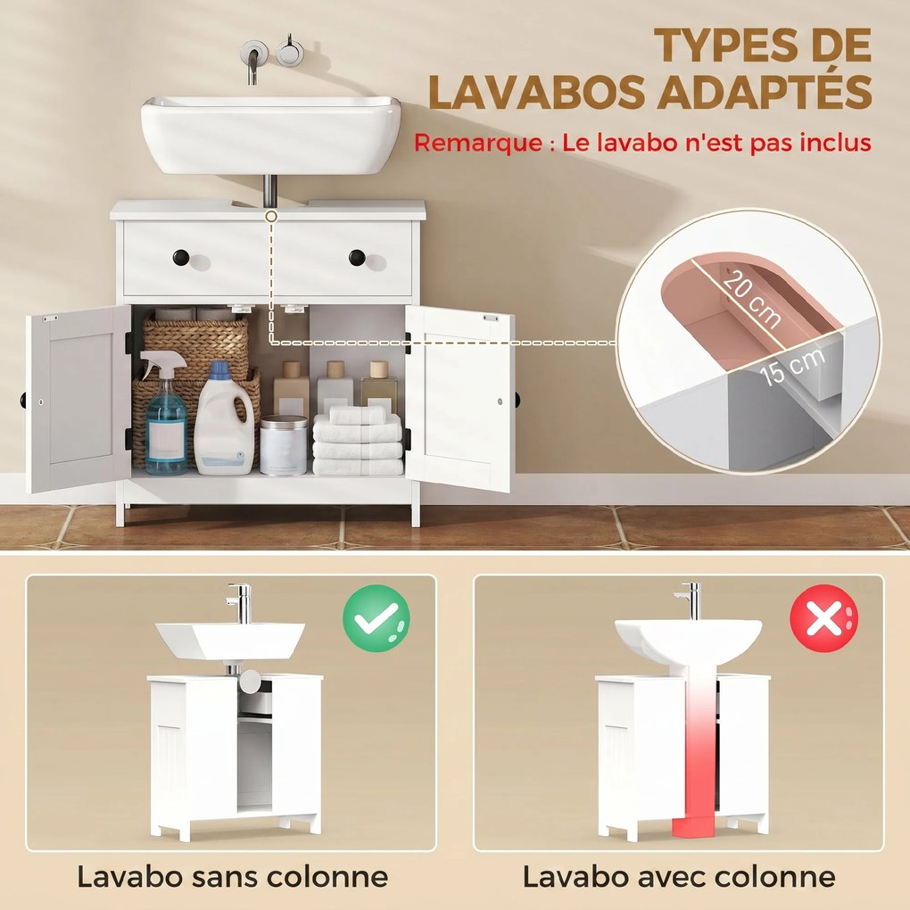 Móvel de casa de banho para lavatório (NÃO INCLUIDO) 60L x 30P x 60A cm, móvel moderno com pés, com dobradiças de fecho suave, gaveta, 2 portas, branc