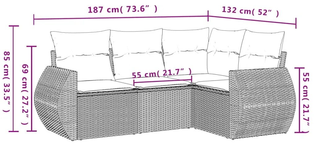 4 pcs conj. sofás jardim c/ almofadões vime PE cinzento-claro
