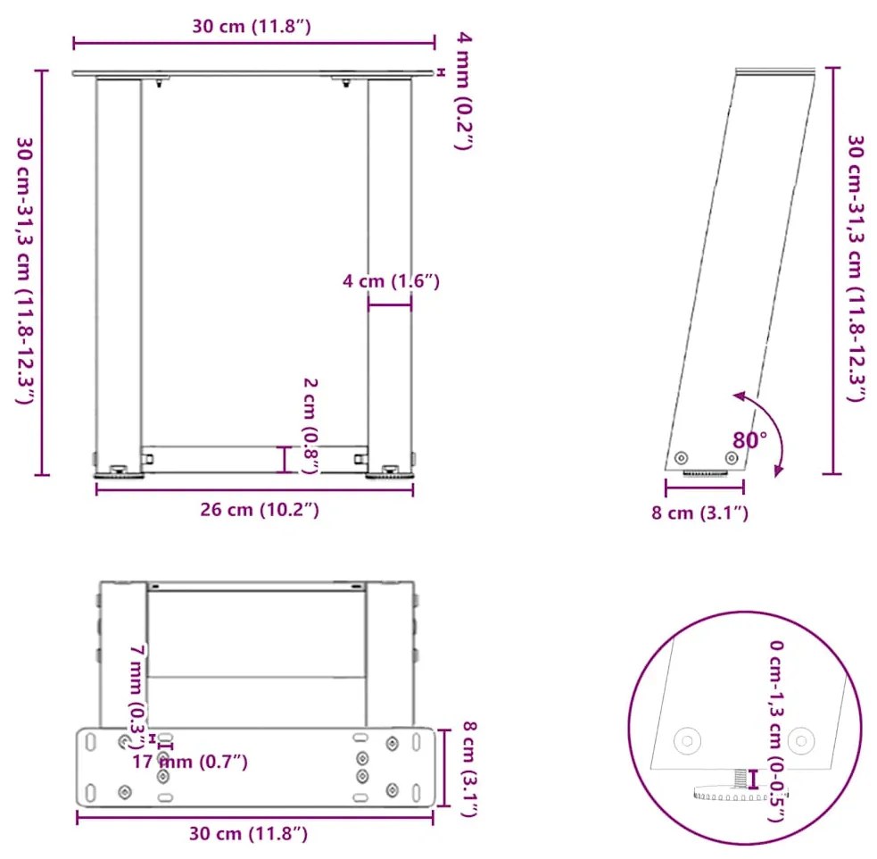 Pés para mesa de centro em formato de U, 2 peças, preto, 30x(30-31) cm